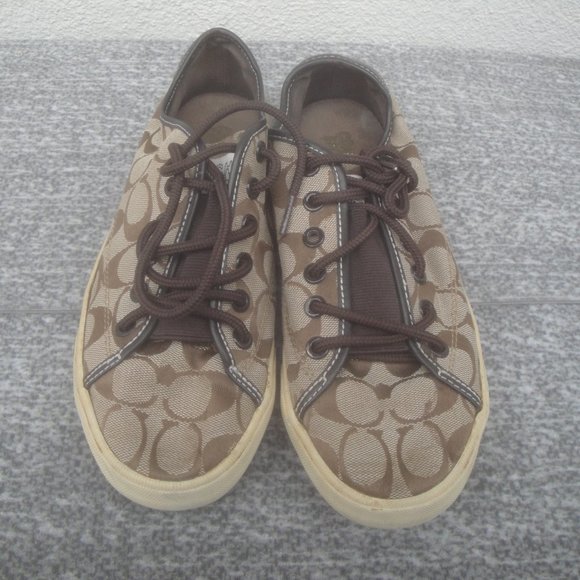 COACH Sneakers w/Tan-Brown Monogram on Fabric with Brown Leather trim - Picture 1 of 9